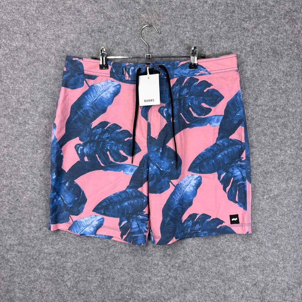 Banks Journal Board Shorts Island Flair 34 Pink Blue Tropical Leaf Stretch New